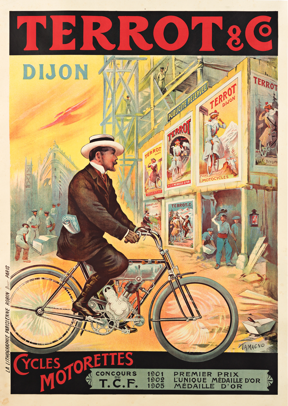 FRANCISCO TAMAGNO (1851-1933). TERROT & CO. / CYCLES MOTORETTES. 1909. 54¼x38¼ inches, 137¾x97 cm. La Lithographie Parisienne Rubin, Pa